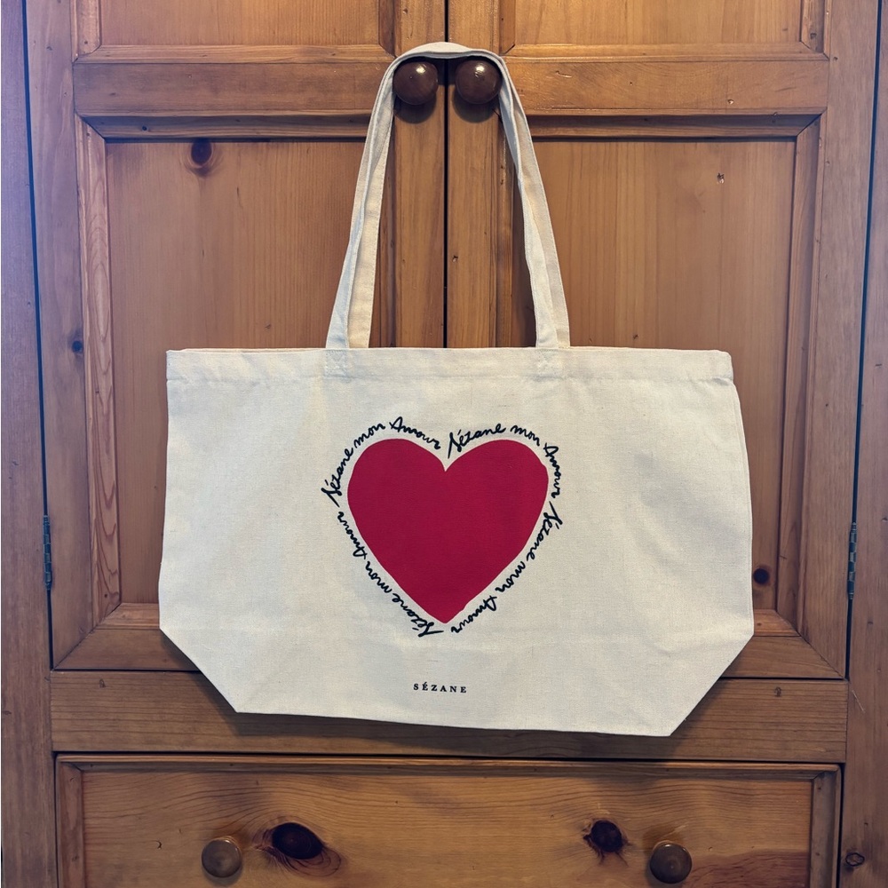 Sézane Cotton Canvas Mon Amour Heart Print Tote Bag